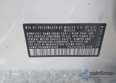 2021 Volkswagen Golf Gti 2.0T Autobahn/2.0T S/2.0T Se z USA, uszkodzony, nr VIN 3VW6T7AU8MM005829